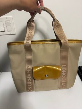 Longchamp Beige Tote with Mustard Trim and Pocket